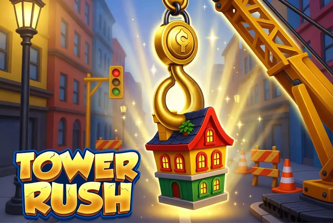 Tower Rush demo mode showing fun-credit balance and an early floor landing