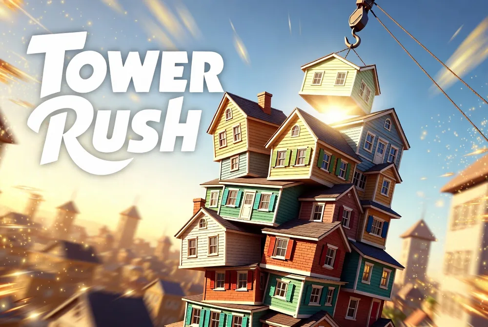 Tower Rush promo code and welcome bonus concept over a golden-hour skyline