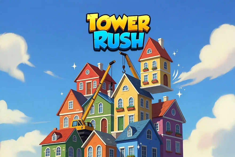Tower Rush app running in a mobile browser with the tower mid-climb